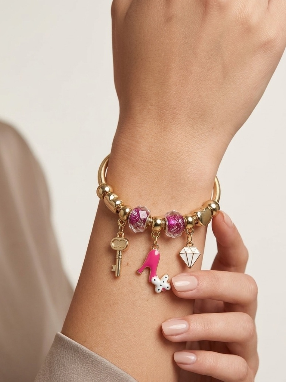 Pink Heel Key Charm Bracelet | Snake Chain High Heel Key Fashion Charms